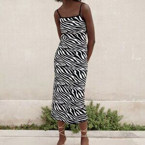 ZARA S Jacquard Zebra Animal Detail Black White Midi Dress